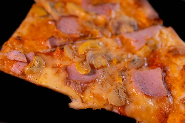 stock image Pizza baked for young people with ham, fresh and pickled champignons, cheese