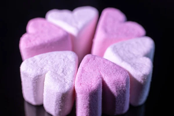 Candy Marshmallow Forme Coeur Guimauve Fond Noir — Photo