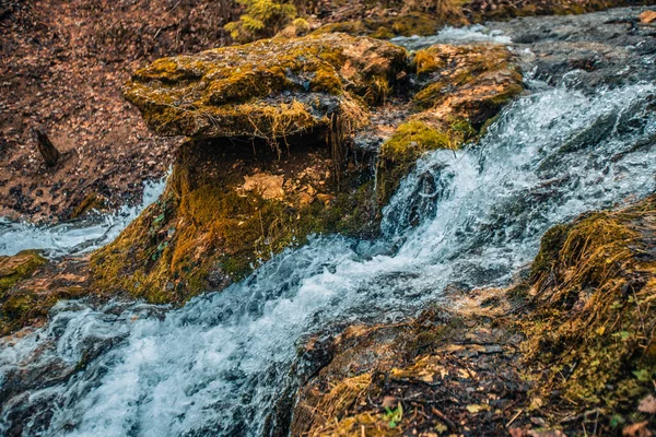 Stone Dolomite Waterfall Strong Stream Water Flowing Forest Nearby — Stock Photo, Image