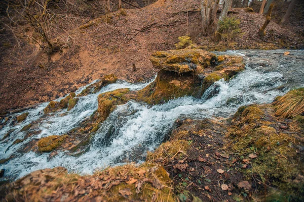 Stone Dolomite Waterfall Strong Stream Water Flowing Forest Nearby — Stock Photo, Image