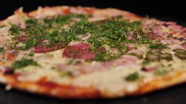 Salami Pizzą Serem Ziołami Koper Świeżo Upieczona Pizza Salami Serem — Wideo stockowe