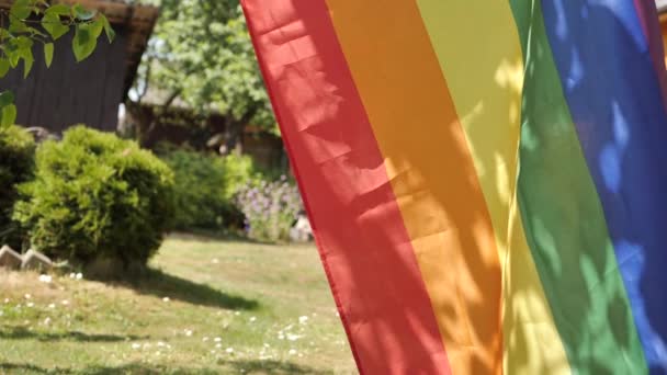 Lgbt Bayrağı Güneş Işığının Parladığı Bir Bahçeye Konur Bayrağın Üzerinde — Stok video