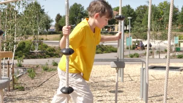 Αγόρι Ανεβαίνει Σκάλα Σχοινί Στην Παιδική Χαρά Κρέμεται Από Σχοινί — Αρχείο Βίντεο