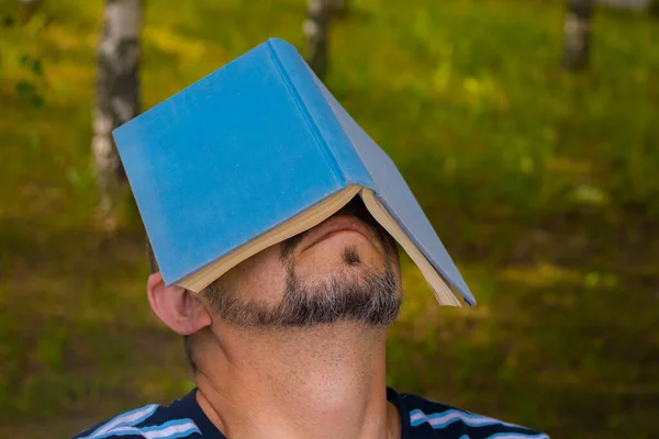 Man Has Book His Face Man Has Book His Head — Stock Photo, Image