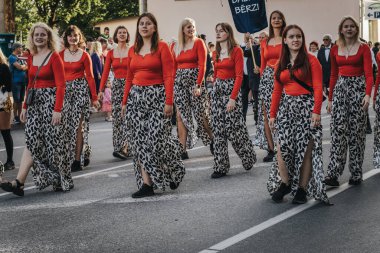 Halka açık şehir etkinliği, geçit töreni, iş ve dükkan etkinliği. Yumuşak seçici odak. 