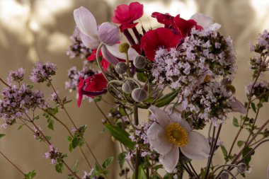 Tatil bahçesinin çiçekleri nergis, lavanta ve gerberadır. Yumuşak seçici odak.