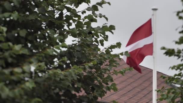 Λετονική Σημαία Κυματίζει Μπροστά Από Ένα Ιδιωτικό Σπίτι Στις Διακοπές — Αρχείο Βίντεο