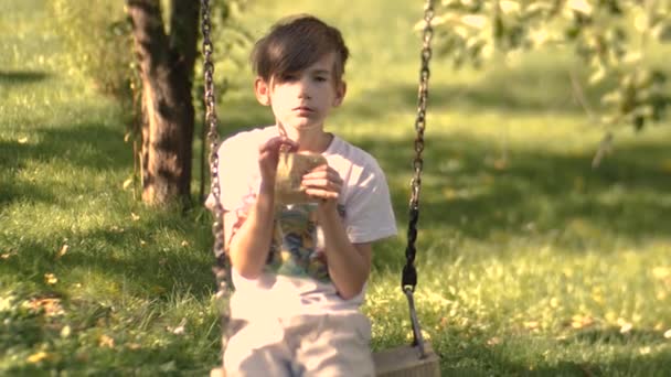 Uma Criança Balanço Come Batatas Pacote Foco Seletivo Suave Vídeos — Vídeo de Stock