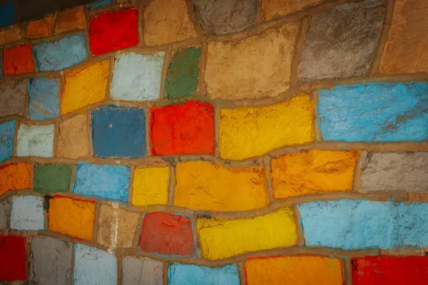 Heldere Kleuren Geschilderde Bakstenen Muur Bouwmateriaal Kleurrijke Bakstenen Muur Abstract — Stockfoto