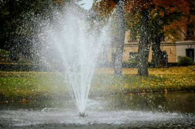 Şehir merkezindeki Cesis Kültür Evi 'nde, çeşmeli güzel bir sonbahar döneminde. Yumuşak seçici odak. 