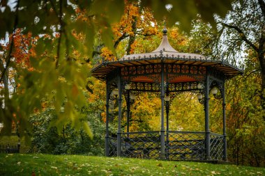 Parkta çatısı olan bir sonbahar yeşilliğinin dairesel bakış açısı. Yumuşak seçici odak.