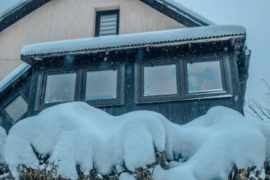 Karlı binalar ve ağaçlarla kaplı kış şehirleri. Karlı yollu kış şehirleri. Beyaz kış günü.