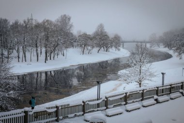 Nehir-gauja 'da kış manzarası. Çıplak ağaçlarda kar, sakin bir kış manzarasında. Buzlu nehir. Gauja üzerinde bir köprü görünüyor..