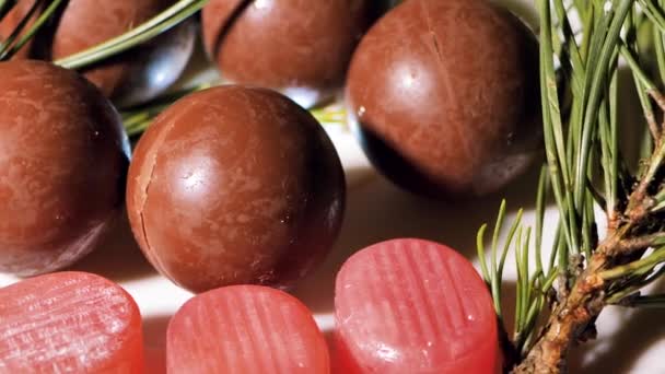 초콜릿과 코코넛 크리스마스 사탕이 테이블에 회전하고 있습니다 장식을위한 소나무 비디오 — 비디오