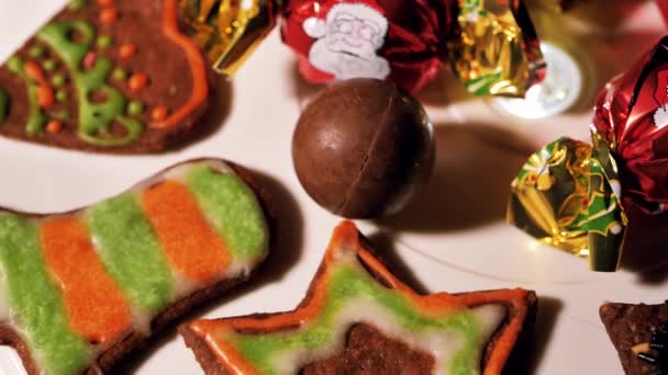 Close Decorated Delicious Gingerbread Candies Colorful Dessert Gingerbread Cookie Frosting — Stock Video