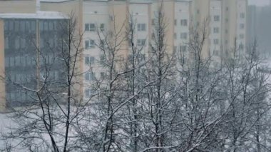 Beyaz pofuduk kar şehir evlerinin yakınına düşüyor. Video.