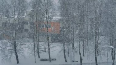 Beyaz pofuduk kar şehir evlerinin yakınına düşüyor. Video.
