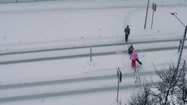 冬天的时候拉着雪橇穿过街道 有选择性的软重点 为这幅画人工合成的谷物 — 图库视频影像