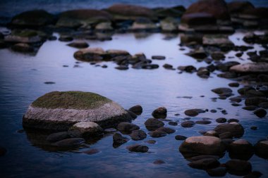 Deniz kıyısındaki taşlar. Yumuşak seçici odaklanma. Resim için yapay olarak tahıl oluşturuldu