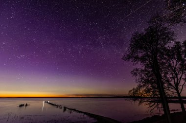 Yıldızlı gökyüzü ve kuzey ışıklarının parıltısı. Yumuşak seçici odaklanma. Resim için yapay olarak tahıl oluşturuldu.