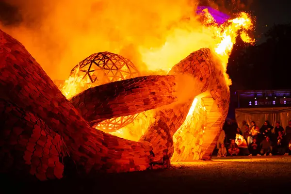 stock image A spectacular fire surrounds a large wooden art installation at night, the  wooden sculpture, with flames and smoke illuminating the scene. 