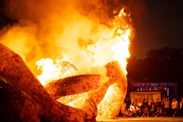 stock image A spectacular fire surrounds a large wooden art installation at night, the  wooden sculpture, with flames and smoke illuminating the scene. 