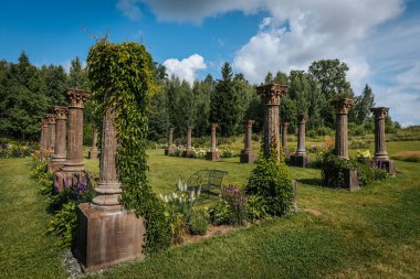 Çiçek bahçesinde duran antik taş sütunların yakın plan görüntüsü. Sütunlar çiçek açan beyaz ortancalar ve diğer yeşilliklerle çevrili. Bu da klasik mimarın bir karışımını oluşturuyor.