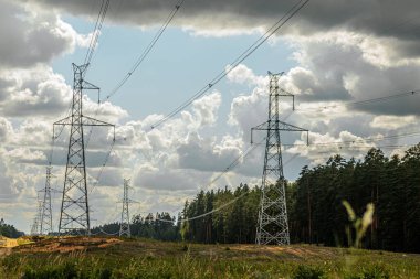 Gökyüzüne uzanan kablolarla dolu yüksek bir metal elektrik hattı kulesi, gururlu bir ormanın ortasında duruyor. Sahne, teknoloji ve doğanın kesişimlerini bulutlu bir şekilde yakalıyor. .
