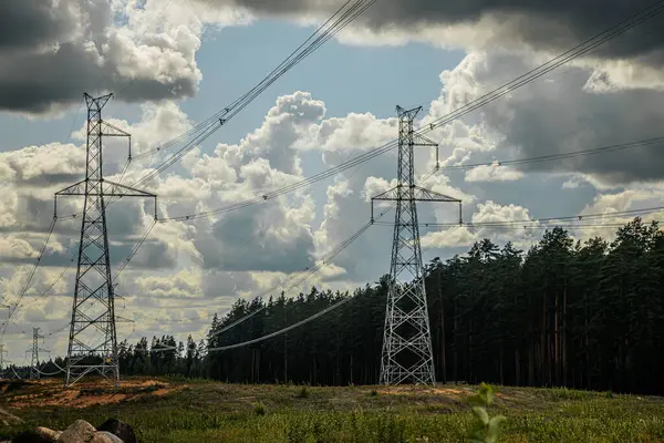 Gökyüzüne uzanan kablolarla dolu yüksek bir metal elektrik hattı kulesi, gururlu bir ormanın ortasında duruyor. Sahne, teknoloji ve doğanın kesişimlerini bulutlu bir gökyüzü ve derinlik ekleyerek yakalıyor..