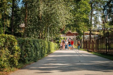 Bir grup ziyaretçi hayvanat bahçesinde yürüyordu ve bir kişi çitlerle çevrili büyük bir kuşun fotoğrafını çekmek için durdu..