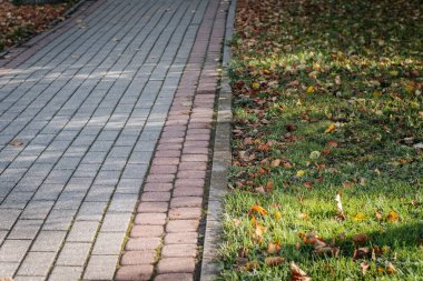 Eve giden manzaralı bir yol, canlı mevsimlik yapraklarla çerçevelenmiş kırmızı, sarı ve turuncu tonlarda renkli sonbahar yapraklarıyla kaplıdır. Sonbahar temaları için mükemmel.