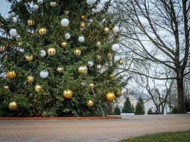 Açık havada altın ve beyaz süslemelerle süslenmiş büyük bir Noel ağacı, parlayan ışıklar, huzurlu bir park ve şehir zeminiyle çevrili tatil sezonunu kutlayan.