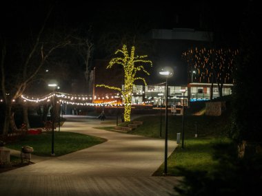 A peaceful park path illuminated by string lights and a glowing tree wrapped in holiday decorations, with a modern building in the background. clipart