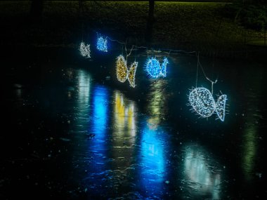 Glowing fish-shaped light decorations suspended over a reflective water surface at night, with colorful blue, yellow, and white hues creating an enchanting scene.  clipart