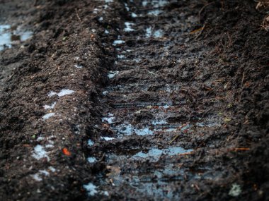 Kırsal bir bölgeye giden su birikintileriyle dolu derin lastik izleri olan engebeli, çamurlu bir toprak yol. Islak toprak ve yansımalar pürüzlü, dokulu bir sahne yaratır..