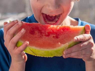Islak saçlı genç bir çocuk güneşli bir günün tadını çıkarırken taze bir karpuzu ısırıyor. Ağaçlar ve binalar bulanık arka planda görülebilir, görüntüye derinlik verir.