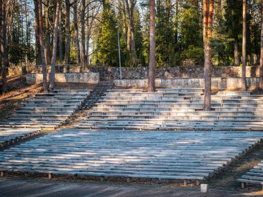 Uzun ağaçlarla çevrili açık hava amfi tiyatrosunda sıra sıra yıpranmış ahşap banklar yer alıyor. Sıcak güneş ışığı oturma alanına uzun gölgeler düşürüyor ve huzurlu bir atmosfer yaratıyor..