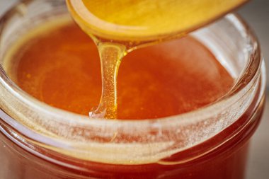 Bir kaşıktan cam bir kavanoza damlayan altın bal, zengin, pürüzsüz dokusunu ve doğal rengini gözler önüne seriyor. Sıcak tonlar kompozisyona hakim..