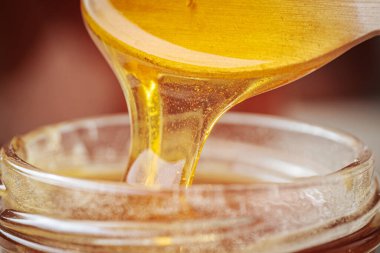 Bir kaşıktan cam bir kavanoza damlayan altın bal, zengin, pürüzsüz dokusunu ve doğal rengini gözler önüne seriyor. Sıcak tonlar kompozisyona hakim..