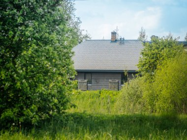 Gri çatılı modern bir ev. Parlak yeşil bir gökyüzünün altında, sık ağaçlar ve çalılarla kısmen gizlenmiş..