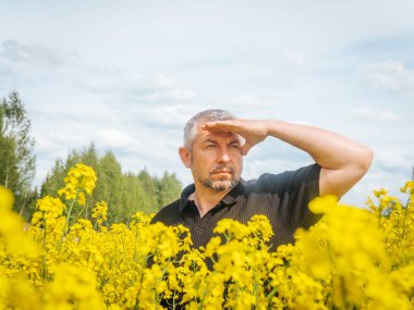 Orta yaşlı bir adam, parlak bir gökyüzünün altında, dağınık bulutlarla dolu parlak sarı bir kolza tohumu tarlasında dururken gözlerini güneşten korur..