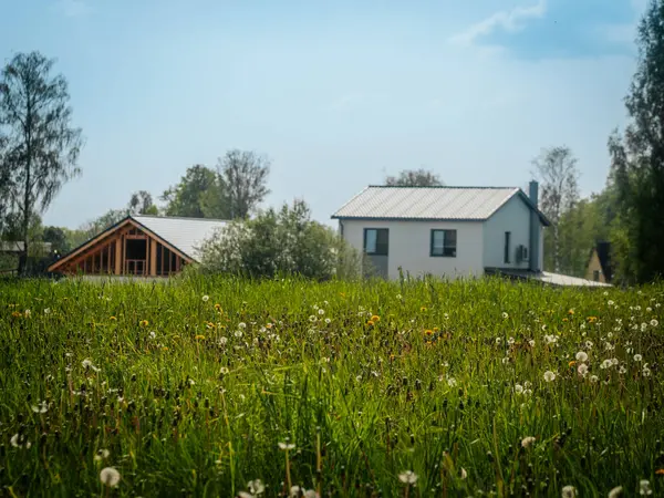 Karahindiba tohumu başları ve sarı çiçeklerle dolu parlak yeşil bir çayır biri hala yapım aşamasında olan iki modern eve doğru uzanır, açık mavi gökyüzüne karşı..