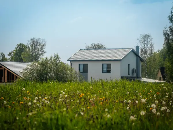 Karahindiba tohumu başları ve sarı çiçeklerle dolu parlak yeşil bir çayır biri hala yapım aşamasında olan iki modern eve doğru uzanır, açık mavi gökyüzüne karşı..