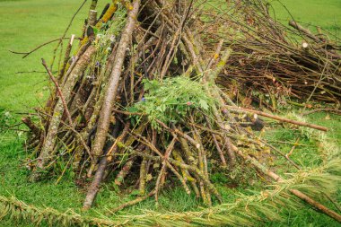 Düzgünce istiflenmiş odun ateşi aydınlatmayı bekliyor, yabani otlarla süslenmiş ve etrafı yeşil tanelerle örülmüş bir iple çevrili taze otlarla..