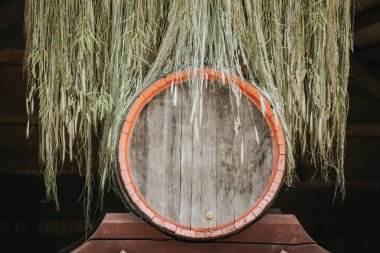 Kırmızı kenarlı yıpranmış ahşap bir fıçı, uzun, sarkık, kurumuş otlar ve baharatlardan oluşan bir arka fonda duruyor ve kırsal ve geleneksel bir estetik yaratıyor..