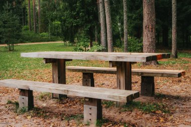 A worn-out wooden picnic table with benches, one of which has been partially renovated with fresh planks, is placed in a forest clearing near a dirt path and a wooden fence.