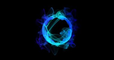 Karanlık bir zemin üzerinde hareket halindeki ince duman, parlak bir ışık kaynağı, soyut bir parlayan top, duman, sıvı, plazma, sis, kimyasal etki. Soyut şekiller. 3D 4K döngüsü