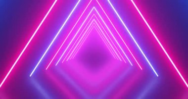 Mavi ışık çizgileri hızla ilerleyen neon ışıklı üçgen tünel. Arka planda neon ışıkları olan fütürist koridor. Kusursuz döngü 3D görüntüleme, modern neon ışığı