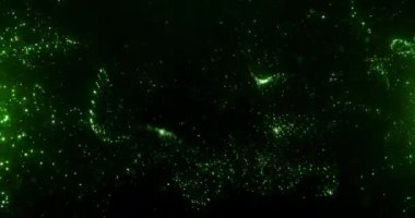 Parçacıkların sihirli tozu, parlayan bokeh, soyut arka plan, yeşil kozmik parçacıkların uçuşu. Yavaş çekim, pürüzsüz döngü, 4K