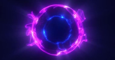 Parçacıklardan oluşan soyut neon enerji küresi, parlayan küresel top ışık ışınları, nükleer bilim, bilim kurgu, teknoloji arka planı, kusursuz döngü